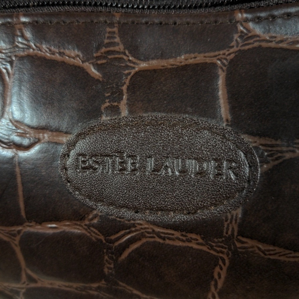 Estee Lauder Brown Faux Croc Cosmetic Makeup Bag Embossed Travel Clutch - Picture 9 of 9